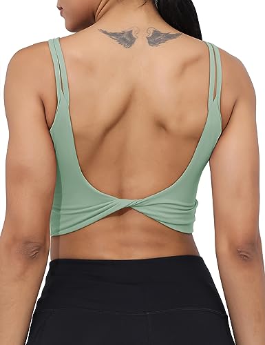 Image of LUYAA Womens Workout Sports Bras Backless Padded Yoga Tank Tops Crop Twist Low Back Cami Bra for Gym