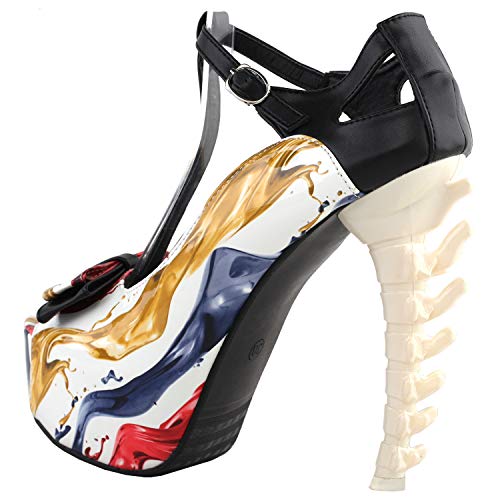 SHOW STORY Retro T-Bar Liquid Print Buckle Bow Mary-Jane Gladiator Platform Bone Heels Pumps,LF807042