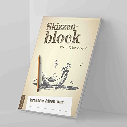 Zeichenblock DIN A2 mit 50 Blatt (blanko), Skizzenblock aus hochweißem Papier mit Matter Oberfläche, 190 g/m², DIN A3/A2 mit "Vintage Papierboot" Motiv Cover