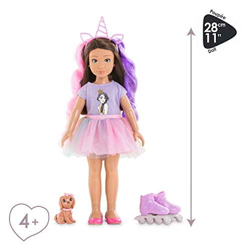 Corolle 9000600030 - Girls Luna Einhorn Set, Ankleidepuppe im Sommeroutfit mit Hund, mit Haarband, Ohrringe und extra Gummistiefel, 28cm Spielpuppe mit Vanilleduft, ab 4 Jahren