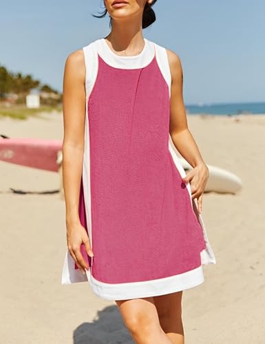 Image of Women's 2 Piece Sets Boho Color Block Dress Summer Casual Sleeveless Crewneck Tops Shorts Matching Set with Pockets