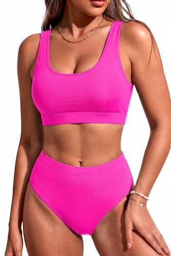Tempt Me Women Hot Pink Two Piece Scoop Neck Bikini Crop Top Swimsuit Sporty High Waisted Bathing Suit M