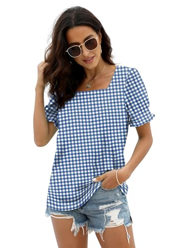Image of WIHOLL Tops for Women Summer Casual Ruffle Trim Sleeve Square Neck T Shirts