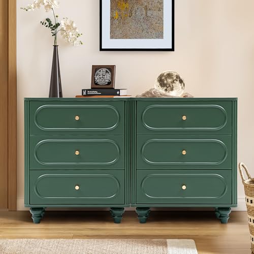 ORRD 3 Drawer Fluted Dresser for Bedroom Set of 2, Mid Century Modern Chest of Drawers, Wood Storage Small Dresser Organizer for Bedroom Living Room Hallway Closet, Green