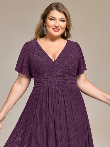 Image of Ever-Pretty Plus Women's V Neck Short Sleeves A Line Glitter Midi Plus Size Formal Wedding Guest Dresses