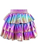 DAXIANG Girls Outdoor Sparkle Metallic Skirt 3-Layer Ruffle Shiny School Short Skirt for Girls Kids Iridescent Purple 6-7 Years
