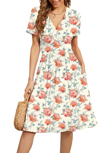 Image of WEACZZY Women's Summer Short Sleeve Casual Dresses V-Neck Floral Party Dress with Pockets