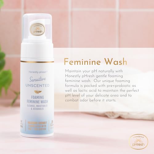 Image of Honestly pHresh Foaming Feminine Wash for Women - pH Balanced Natural Intimate Cleanser with Prebiotics & Probiotics. Vegan, Sensitive Skin Safe. Made In USA - Rose & Bergamot Scent, 5 oz