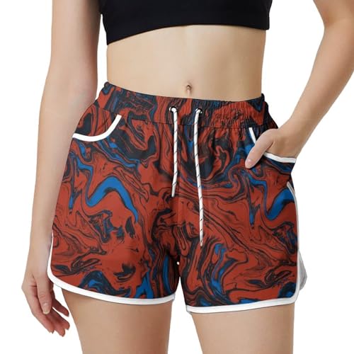 AYUNIX Women's Running Shorts with Pockets Quick Dry Performance Shorts for Women Red Tie Dye Athletic Workout Gym Shorts