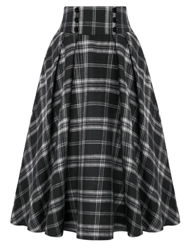Belle Poque Plaid Skirts for Women High Waisted Midi Skirt A-line Pleated Fall Skirts 2025