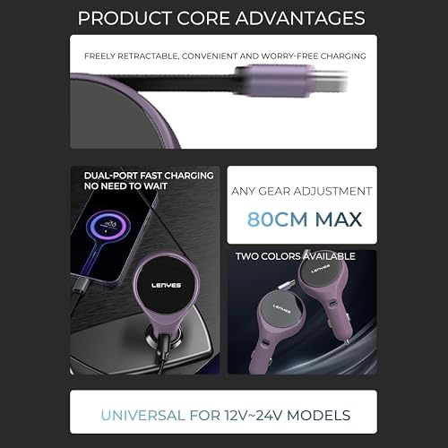 Image of Lenyes CA820 60W Car Charger | Dual Output with 80cm Retractable Type-C Cable | 30W PD Fast Charging | 2-in-1 Adapter for Type-C Devices | Compact Car Accessory (Purple)