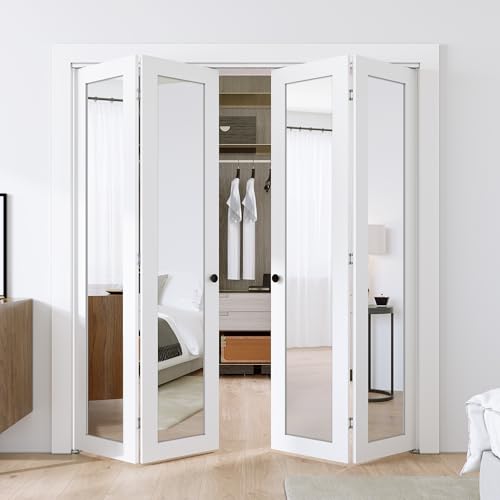 SMARTSTANDARD Bifold Doors, Mirror Closet Doors for 72''(18" x2) x 80" with Sliding Hardware Kit Set, Interior Bi Fold Door for Closet, Easy Install, MDF, White 72" x 80" Opening White