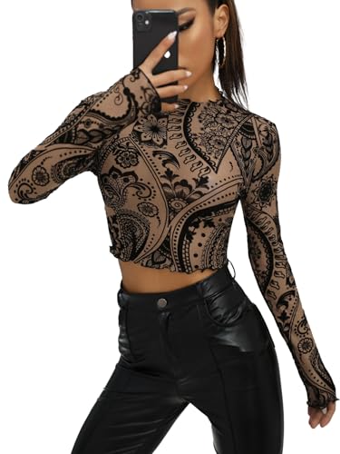 Image of ICW Women Long-Sleeves Round Neck Net Printed Transparent Mesh Sheer Crop Top T-Shirt DN38(Mix Print)