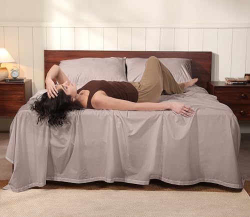 Image of RUVANTI 100% Cotton Percale Sheets Full - Crisp Cooling Summer Bed Sheets for Hot Sleepers, Deep Pocket 14 inch, Soft Peach Finish, Breathable & Durable Hotel-Style 4 Piece Set, Soft Mocha