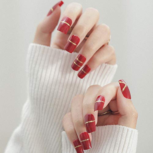 Bartosi Red Short Press on Nails Square Artificial Fake Nails Full Cover Coffin Nail Tips Acrylic Glue on Nails Daily for Women Pack of 24