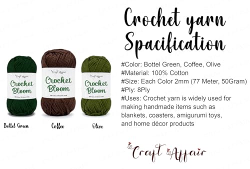Image of Craft Affair | Crochet Bloom Cotton Yarn 8ply (Each Color 2mm, 77Meter, 50Gram) 100% Pure Cotton | for Knitting Yarn | Craft & DIY Project: Bottel, Coffee, Olive