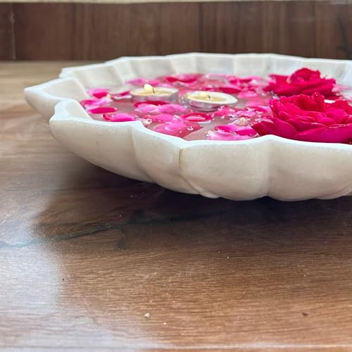 Image of Marble Urli Bowl for Decoration | Big Potpourri Decorative Bowls in Home decor | Large White Floating Flower Plates of Stone | Small Shape puja Item | (12 inch, Petal Glow)