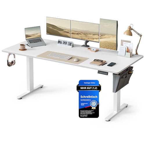 SONGMICS Höhenverstellbarer Schreibtisch elektrisch, 180 x 80 cm, stufenlos verstellbar, Memory-Funktion mit 4 Höhen, wolkenweiß LSD138W01