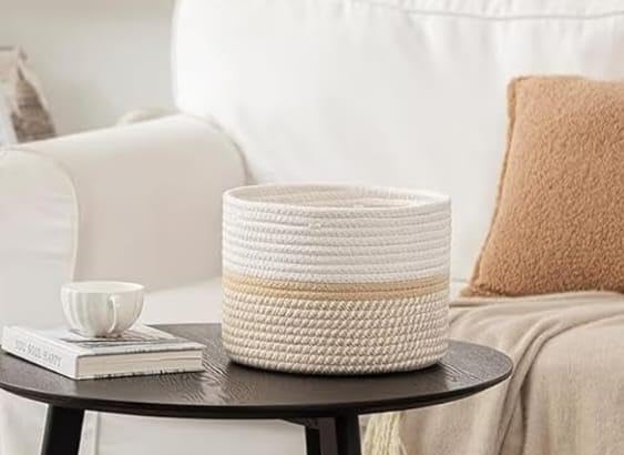 Cotton Rope Storage Basket with Handles | Large Woven Organizer Bin for Laundry, Blankets, Toys, Books, Office Files & Home Organization | (White & Beige Mix, 10x12)-image-21
