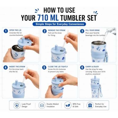 Image of STARFLYER Stylish Reusable Drinking Cup for Water, Juice & Cold Beverages | Portable Travel for Home, Office & Daily Use. (700ml Blue Rose Tumbler)