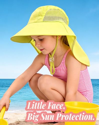 Image of Rosoz Kids Sun Hat with Neck Flap UV Protection Summer Toddler Beach Hat Unisex Ponytail Hat Wide Brim Fishing Hat