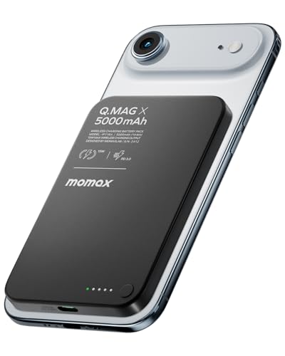 MOMAX Magnetic Power Bank 5000mAh, Ultra-Slim MagSafe Battery Pack for iPhone 17/16/15/14/13 Series, 7.5W Wireless & 20W PD Fast Portable Charger, Aluminium Alloy Power Bank Magsafe, Black