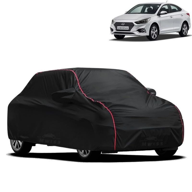 Image of Waterproof Car Cover for Hyundai Fluidic Verna | All-Weather Protection, Dustproof & UV Resistant | Triple Stitched Mirror Pockets, Windproof Buckle Strap with Elastic Hem, Black-Red Piping
