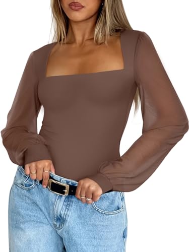 Image of PINKMSTYLE Women's Square Neck Double Lined Mesh Long Sleeve Bodysuits | Sheer Puff Sleeve Body Suit,Slim fit Trendy Going Out Tops,Concert Outfit