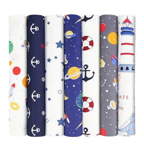 Aucuu 7 Piezas 50x50cm Diseño de Retales Algodón Telas, Tela Algodon, Telas Patchwork, Diseños Tela de Algodón Impresos, para DIY Manualidades Decoración de Costura Artesanal-Planeta del Mar