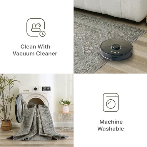 GENIMO 9x12 Area Rug for Living Room, Non Slip Machine Washable Low Pile Large Rug, Sage Indoor Vintage Lightweight for Bedroom, Dining Room & Home Office
