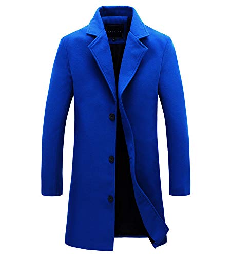 Men's Trench Coat Mid-Length Single Breasted Wool Blend Top Coat Slim Fit Collar Overcoat-Royal Blue-XS