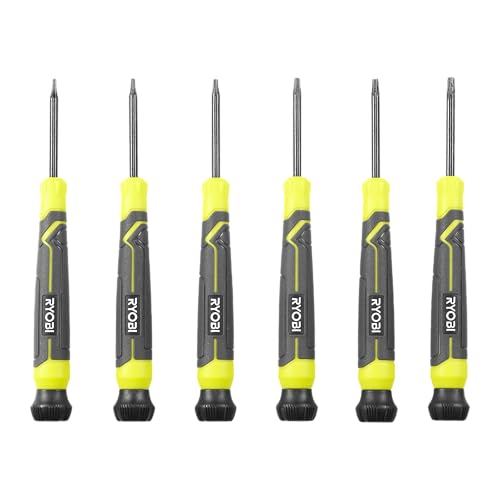 Ryobi - RHSDSPCT6 - Set de 6 Tournevis de Précision Torx Magnétiques – T5 à T10 – Embouts oxyde noir, capuchon rotatif – Réparations électroniques & travaux minutieux