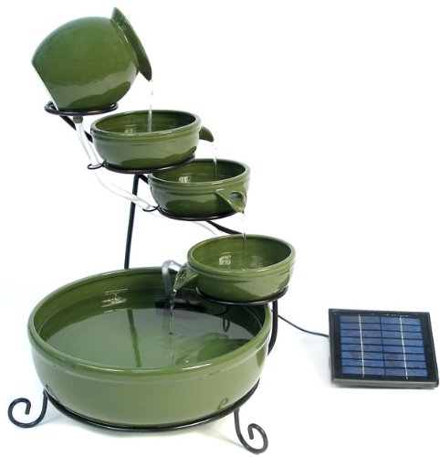 Primrose 55cm Green Solar Powered Ceramic Jug & Bowl Outdoor Water Feature with Battery Backup and LED Lights