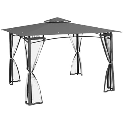 Outsunny 10' x 12' Patio Gazebo with Netting, Double Roof Outdoor Gazebo Canopy Shelter, Solid Metal Frame for Garden, Lawn, Backyard, Deck, Dark Gray