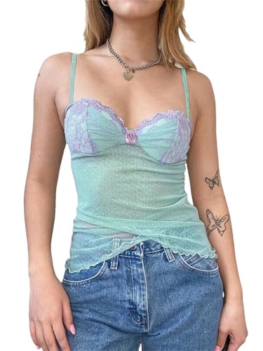 Women Dot Print Lace Corset Flower Appliques Sexy See Through Crop Top Y2K Camis Transparent Tanks