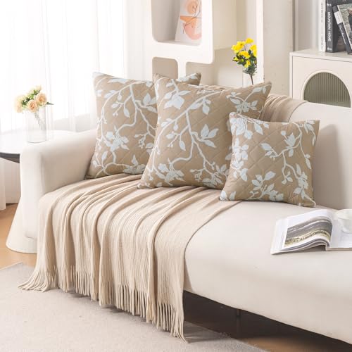 Image of HOKIPO 'Elira Series' Printed Quilted Cushion Cover for Sofa 16x16 Inches, Set of 2, Buff Brown Sillehoute Floral (AR-6231-C7*2)