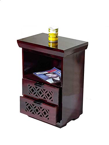 Image of Jangid Handicraft Solid Sheesham Wood Bedside Table for Bedroom | Wooden Bed Side Nightstand End Table with 2 Drawer & Open Shelf Storage for Home & Living Room | Sofa Side Table | Mahogany Finish