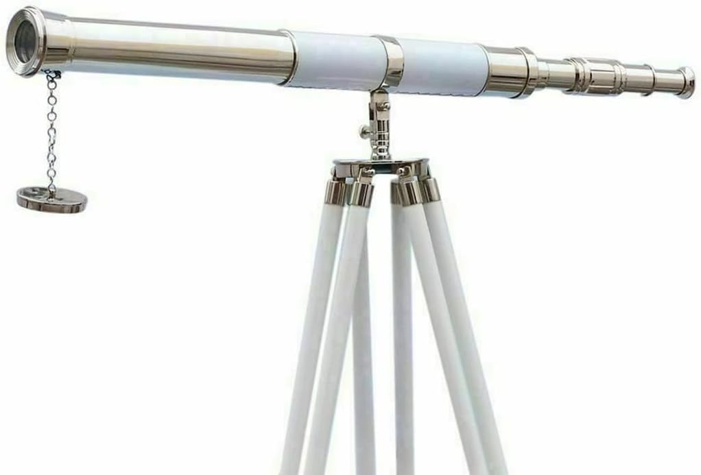 Chrome Nautical Floor Standing Brass 39 inch Telescope with Wooden Tripod Stand