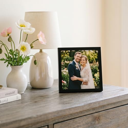 Image of Americanflat 7x7 Picture Frame with Shatter-Resistant Glass - Streamline Collection - Thin Border Square Frame for Tabletop and Wall Display - Hanging Hardware and Easel Stand Included - Black