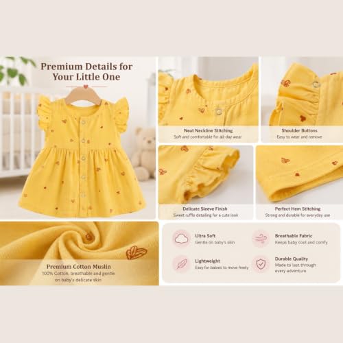 Image of Lilimi Toddler Baby Girl Cotton Muslin Dress, Breathable Flutter Sleeve Button-Front Cute Frocks