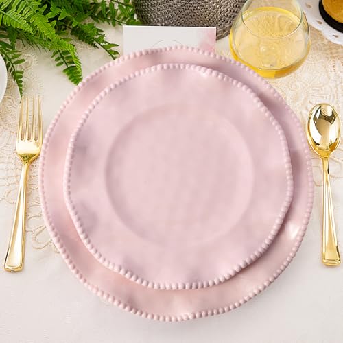 Image of Pink Melamine Dinnerware Sets for 4,Scalloped Plates and Bowls Set with Beaded Edge, BPA Free Dishwasher Safe, Heavy Duty Shatterproof Unbreakable Tableware for Wedding Party Camping Outdoor