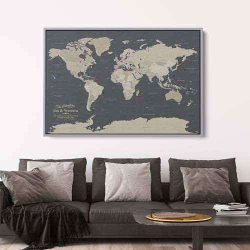 Image of Earth Tone World Map with Pins - Extra Large Personalized Canvas Push Pin Map - Framed World Travel Wall Decor - Silver Float Frame - 34 inch x 51 inch