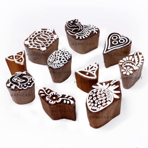 Image of Hashcart | Set of 10 | Wooden Stamps Multi Shapes Floral, Fruit & Animal Blocks for Scrapbooking | Handmade Baren for Project Designing | Fabric Textile | Clay | Pottery Craft | Art Craft