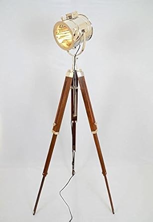 Marine Search Light With Wooden Tripod Stand Nautical Studio Floor Lamp SpotLight Bulb Included with Free Wall Hanging