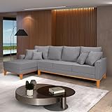 Sofá Beny Chaise e 4 lugares Living Linho Base de Madeira Fixo Sala (Cinza Claro, Lado Esquerdo)