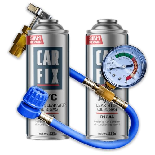 gas refrigerante r134a para coche, kit recarga gas r134a, carga aire acondicionado coche r134a - 1 lata de refrigerante 5en1 y 1 lata de refrigerante 3en1 r134a y manguera con manómetro, 235 g.