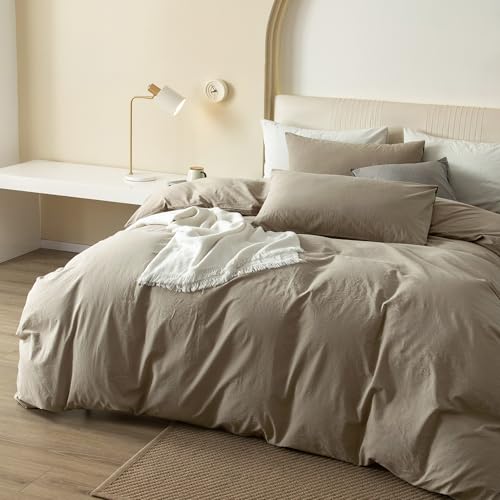 JIYUAN Queen Size Duvet Cover Set, 3-Piece - 100% Washed Cotton, Linen-Like Soft & Breathable with Zipper Closure, Includes 90x90 Inch Cover & 2 Pillowcases, Solid Khaki by JIYUAN - Used condition - Image 4