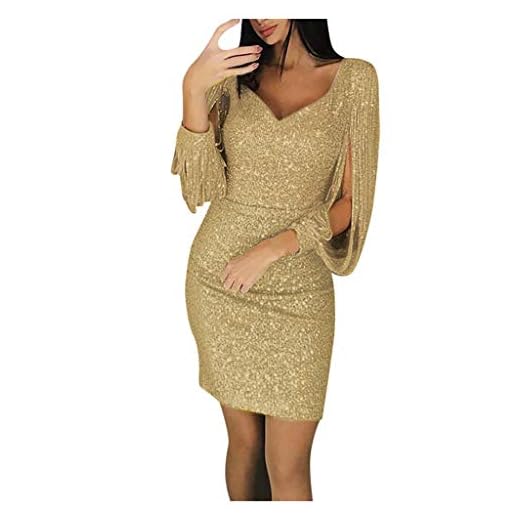 Festklänning damer glitter sexig kort miniklänning kvinnor enfärgad v-ringad långärmad smal omlottklänning shinny paljetter aftonklänningar elegant för bröllop cocktailklänning damer tajt glitter tunika klänning, GUL, XXL
