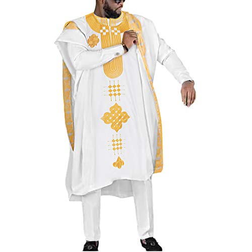HD African Clothing Gold Embroidery Dashiki White Kaftan Pants Set