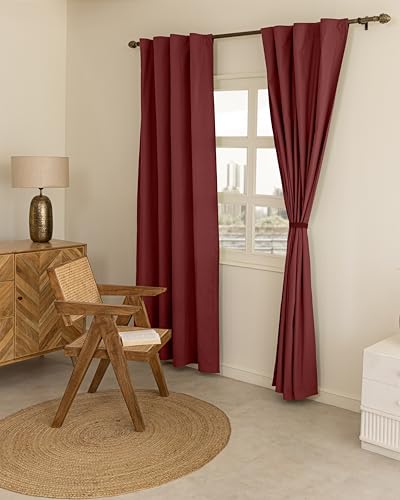Image of THE LINEN COMPANY Solid Cotton Curtains 4 Feet for Window, Duck Canvas Short Curtains for Home, 4ft Set of 2, Maroon